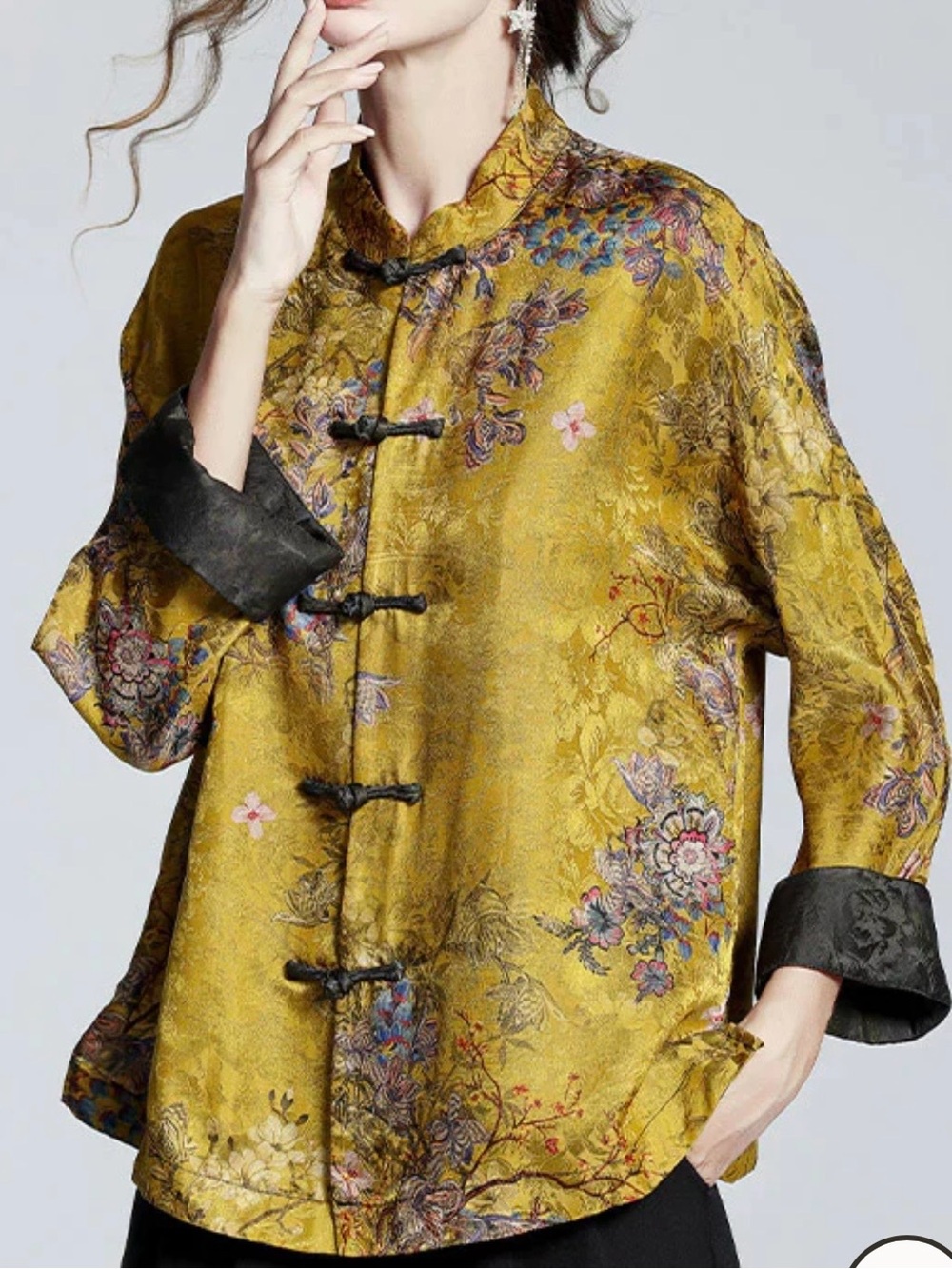 Soolinen Chinese Style Golden Brown Stand Collar Button Print Silk Jacket  Sz L